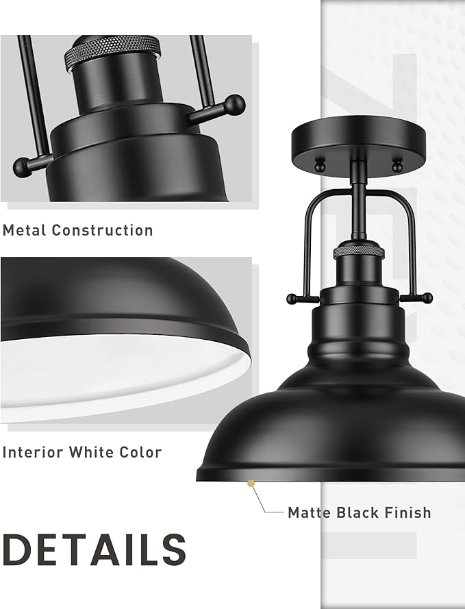 zeyu 11 Inch Semi Flush Mount Ceiling Light, 1-Light Industrial Ceiling Light Fixture for Hallway, Indoor, Matte Black Finish, ZY41-F BK
