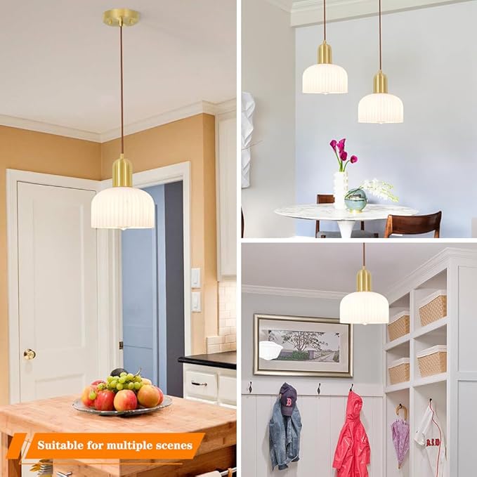 Vintage Pendant Light, Kitchen Island Lighting with Milky White Glass, Farmhouse Ribbed Glass Pendant Light Fixture, Minimalist Ceiling Lamp, Adjustable Hanging Light for Bedroom Dining Room Hallway