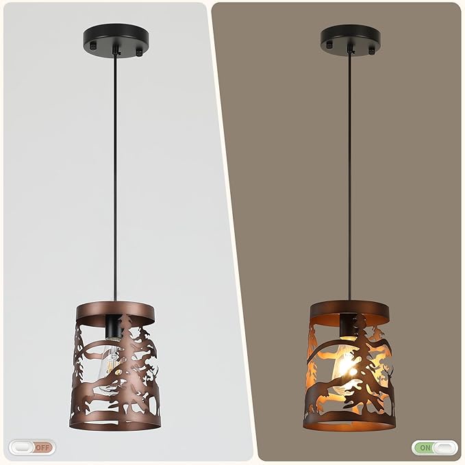 2 Pack Rustic Bear Pendant Lights, 1-Light Brushed Bronze Round E26 Base Cage Metal Fixture Adjustable Hanging Height for Kitchen Island, Hallway, Dining Room, Foyer(No Bulb Included)
