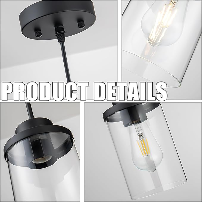 Modern Black Farmhouse Clear Glass Cylinder Pendant Light Fixture,Ceiling Hanging Metal Industrial Mini Pendant Lighting for Kitchen Island Dining Table Bedroom Hallway Foyer…