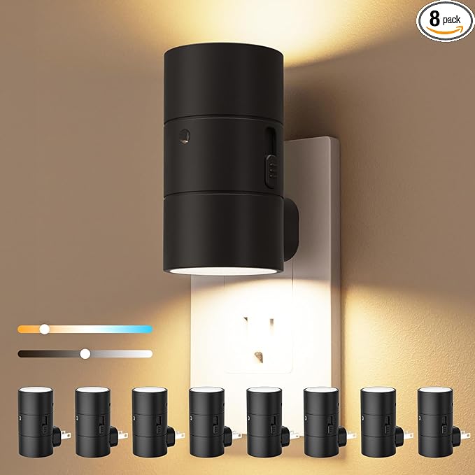 VOLISUN Night Lights Plug into Wall, Dimmable LED Nightlight with Dusk to Dawn Light Sensor, 0-100LM Adjustable Brightness, 3 Color Temperatures, Compact Size Black 8 Pack for Hallway,Bedroom,Bathroom