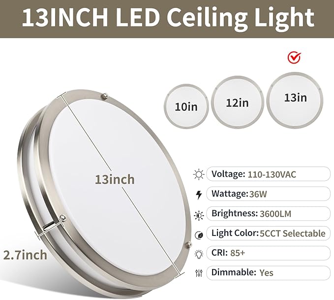 13Inch 36W Ceiling Light Fixture, 5CCT Flush Mount Ceiling Mount Light 2700K 3000K 4000K 5000K 6500K Adjustable, Dimmable Close to Ceiling Light, LED Ceiling Light for Bathroom Kitchen Bedroom, Nickel