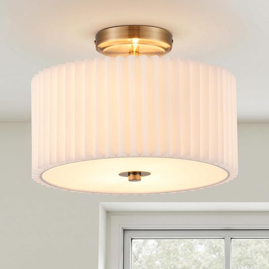 VONLUCE Semi Flush Mount Ceiling Light, 12.2" Ceiling Light Fixture with Pleated Shade, 2-Light Modern Drum Light Fixture for Bedroom Living Room Entryway Hallway, White Shade & Bronze Finish