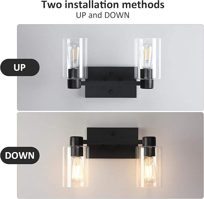 Matte Black Bathroom Light Fixtures,2-Light Bathroom Vanity Light Over Mirror with Clear Glass Shade,Modern Farmhouse Wall Sconces Lighting for Bedroom Cabinet Kitchen Living Room