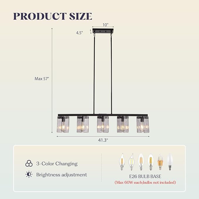 L41.3 ''Farmhouse Linear Chandelier for Dining Room,5 Lights Kitchen Island Light Fixtures,Matte Black Chandeliers with Smoked Glass Shade,and Height Adjustable