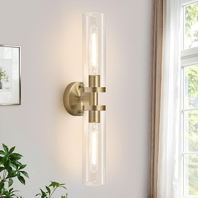 Indoi Brass Wall Sconces, Hardwired Bathroom Sconces Wall Lighting with Clear Glass, Modern Bathroom Vanity Lights fixtures for Mirror Bedroom Living Room Hallway Kitchen