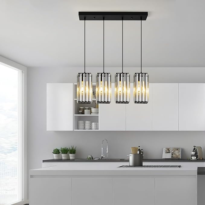 Modern Pendant Light Black Rectangle Pendant Lighting Mini Crystal Chandeliers Adjustable Pendant Light Fixture for Kitchen Island Dinning Room Living Room Corridor Bedroom(Black 4-Light)