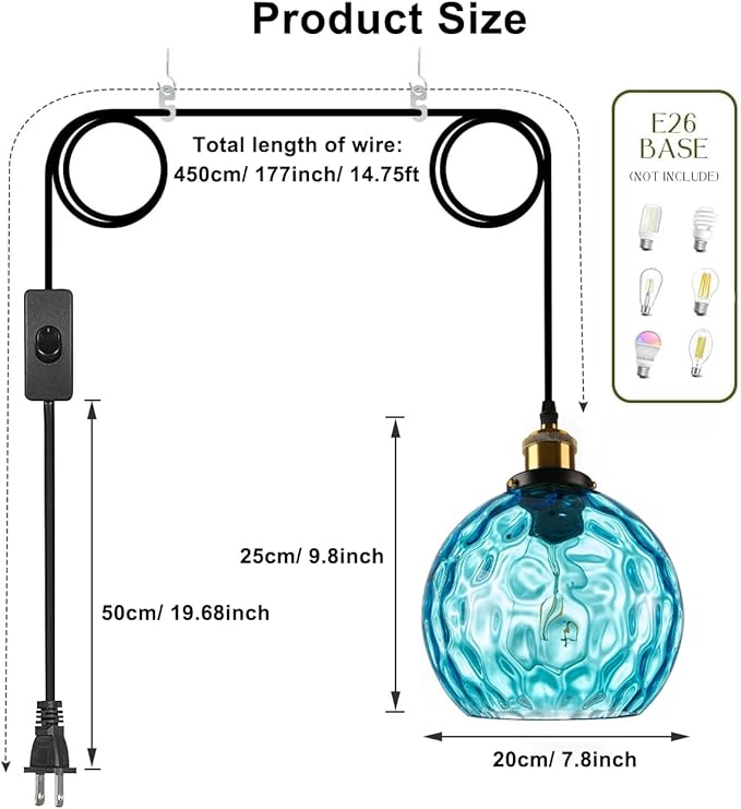 2-Pack Blue Glass Plug in Pendant Light, Boho Swag Hanging Lamps with 14.76ft Cord, Coastal Hammered Glass Globe Ceiling Hanging Lights for Bathroom Living Room Kids Bedroom