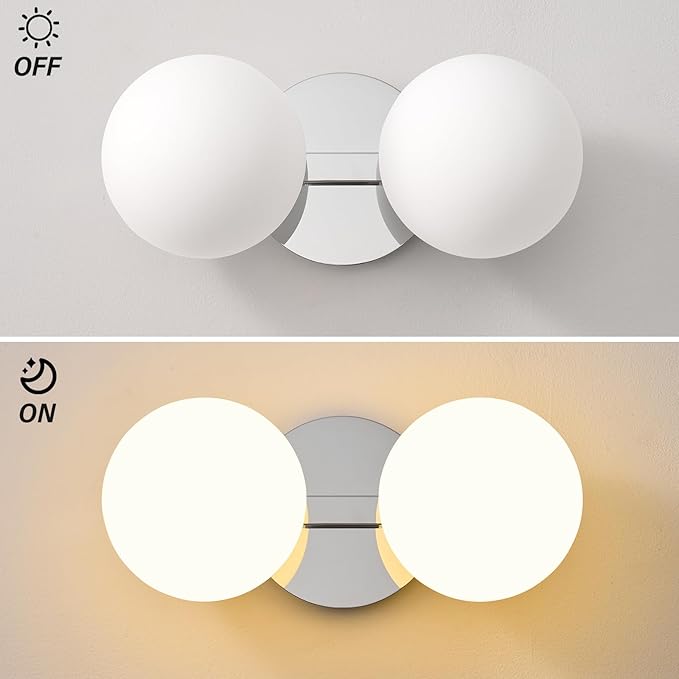 Globe Bathroom Vanity Light Fixtures: Chrome Wall Scones With 2 Milk Glass Shade - Modern Makeup Lighting Fixture over Mirror - Brass Ball Powder Room Vanities Lights for Hallway Bedroom Bulb Excluded