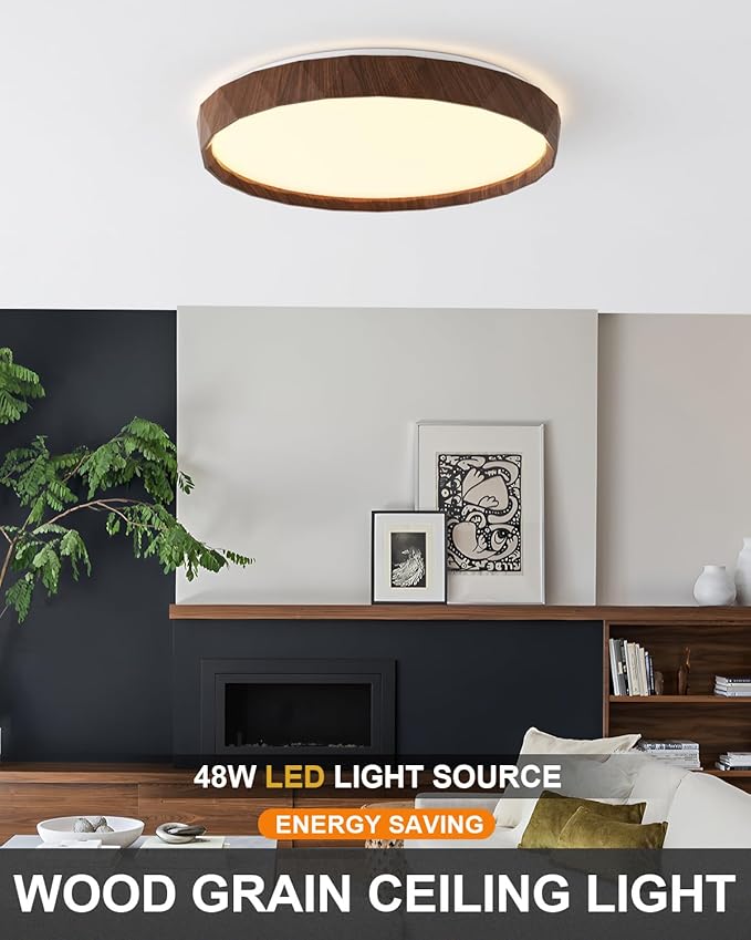ANYLOVE 19 inch LED Flush Mount Ceiling Light Fixture,3000K 4000K 5000K Adjustable Ceiling Lights, Farmhouse Walnut Wood Grain Ceiling Light for Bedroom Hallway Bathroom Kitchen