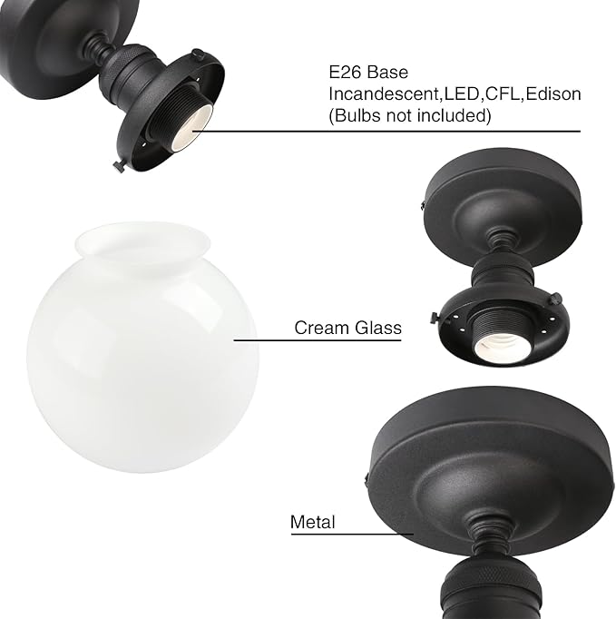 PERMO Modern Semi Flush Mount Ceiling Pendant Light Ceiling Lights with Milk White Globe Glass Lampshade for Bedroom Entryway Corridor (Black)