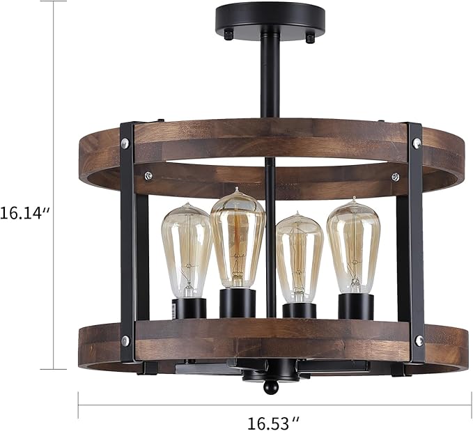 4-Light Large Rustic Farmhouse Flush Mount Ceiling Light Fixture 16.5 inch Oak Wood Round Drum Semi Flush Mount Ceiling Light for Bedroom Hallway Entry Dining Farmhouse Living Room, Black