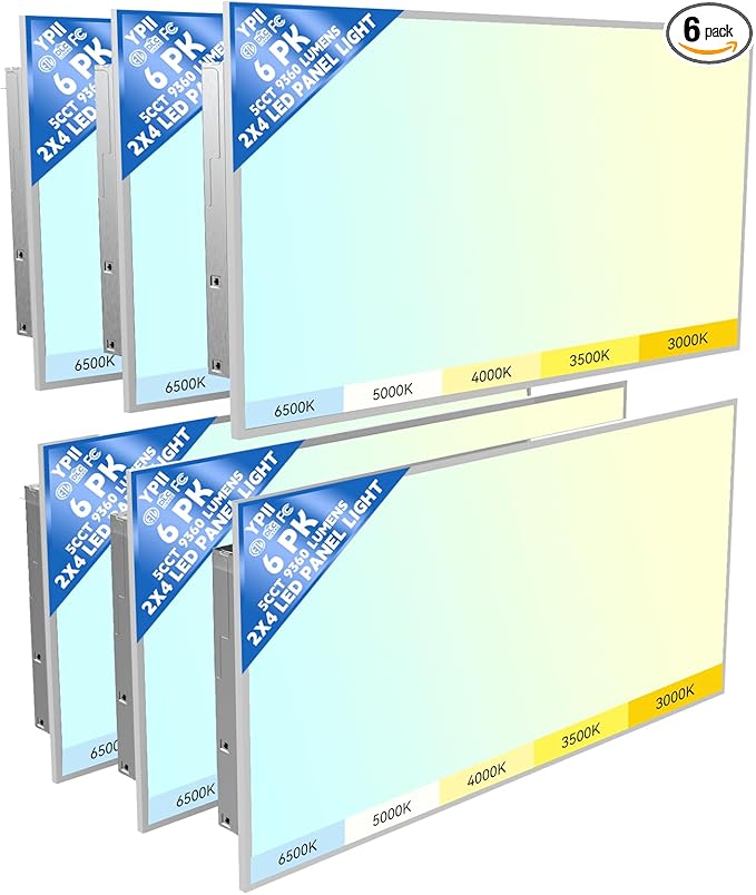 2x4 LED Flat Panel Light 6Pack LED Drop Ceiling Light Fixture, 5 CCT 3000K-6500K Adjustable & 5 Wattage Selectable Recessed Back-Lit Fixture for Office, ETL Listed(6Pack)
