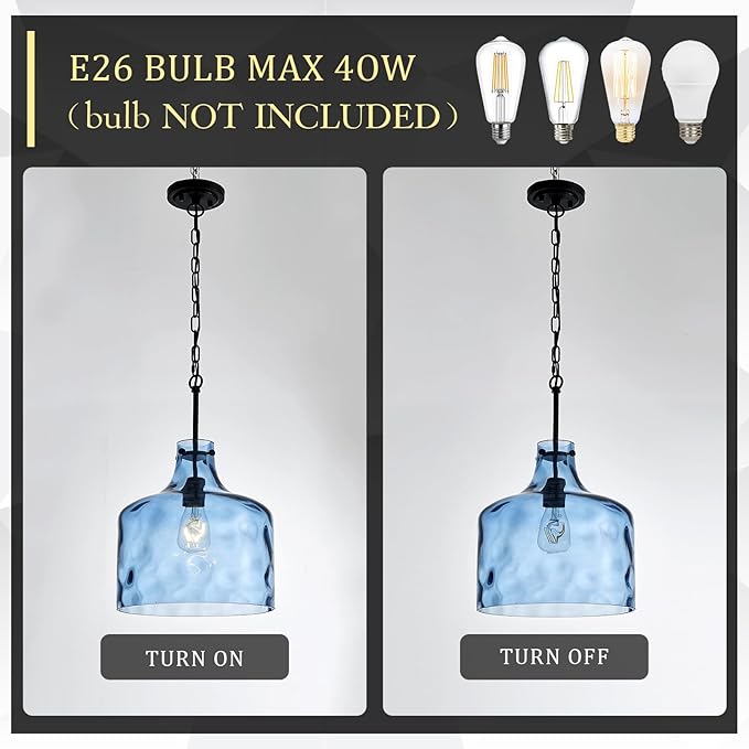 CATINER 16" Extra Large Farmhouse Pendant Light – Hand-Blown Blue Hammered Glass Shade, Black Finish, Adjustable Chain Hanging Light Fixture for Kitchen Island, Dining Room, Hallway
