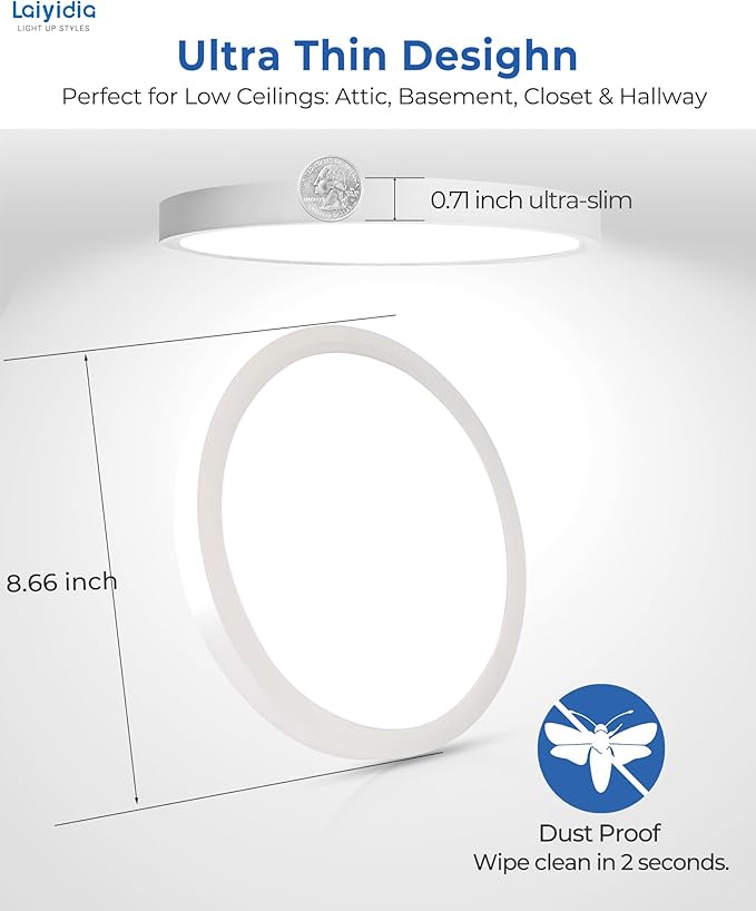 9 Inch LED Flush Mount Ceiling Light Fixtures, 18W 2160LM & 5 CCT 2700K-6500K Selectable, Ultra Thin Round Flat LED Ceiling Light for Bedroom Kitchen Hallway Closet, White