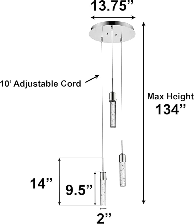 Vivio Lighting Modern Pendant Light Mini Ceiling Lights for Kitchen Island Bubble Crystal LED Adjustable Hanging Lights for Living Room Dining Room Chrome 4000K 3 Light