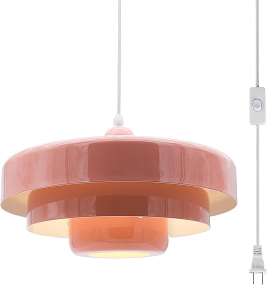 Hanging Lamp Pink Plug in Pendant Light Mid Century Modern Pendant Lamp Fixtures Nordic Hanging Light Style Pendant Lighting Metal Shade for Living Room Dining Room Bedroom Kitchen Island
