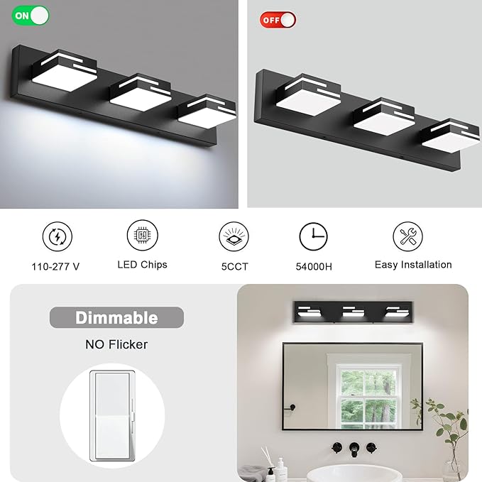 LED Modern Bathroom Vanity Light Fixtures 3-Light 22-inch 5CCT Dimmable Matte Black Vanity Lights for Bathroom Lighting Fixtures Over Mirror, with 360° Rotatable Acrylic Heads
