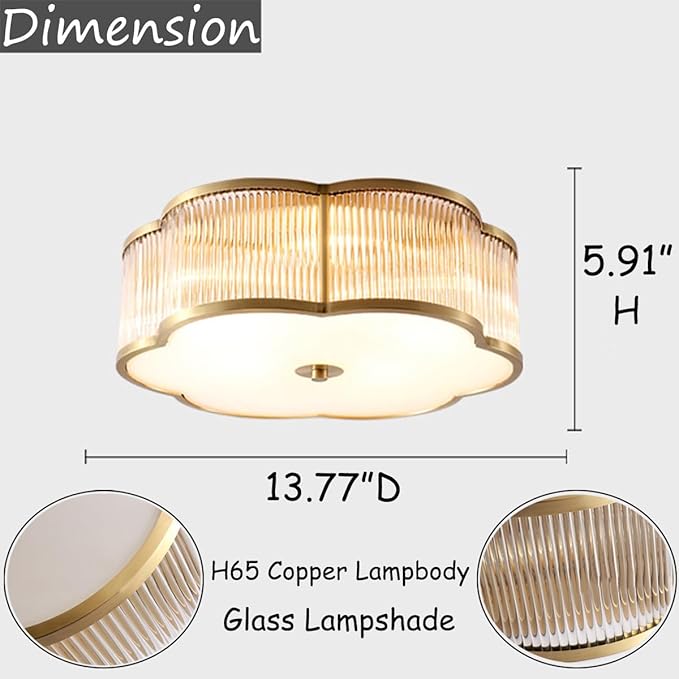 Flower Shaped Ribbed Glass Ceiling Light,Antique Brass Bedroom Flush Mount Light Fixture,Dimmable Led Overhead Fixture,Mid Century Modern Ceiling Lamp for Living Room Study Room