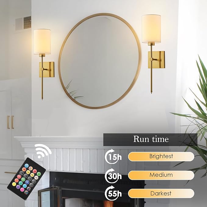KARTOOSH Battery Operated Wall Sconce Set of Two, Wireless Rechargeable Wall Light with Remote Control, Dimmable, 4 Color Temperatures, RGB, Timer, for Living Room,Bedroom,Entryway, Gold, 20.6 Inch