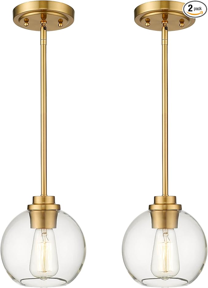 Brass Pendant Lights Kitchen Island 2 Pack, Farmhouse Gold Pendant Light with Clear Glass Globe Shade, Kitchen Island Lighting for Dining Room Entryway, AD-22280-1P2-GD-C