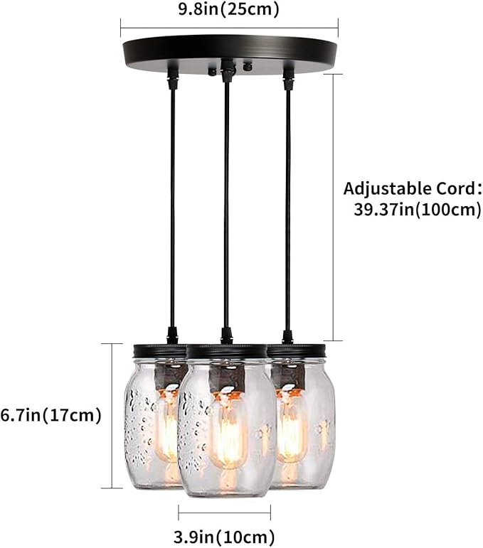Mason Jar Light Fixtures, 3-Light Black Pendant Lights Kitchen Island, Farmhouse Kitchen Pendant Lights, Adjustable Island Pendant Lights for Kitchen Over Sink Dining Room