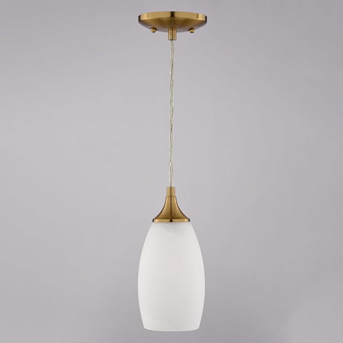 VAXCEL Milano 1-Light 4.75 in. Wide Muted Brass Gold Bell Mini Pendant with White Alabaster Glass Shade, Adjustable Height Hanging Ceiling Fixture for Dining Room, Kitchen Table, Entryway, Island