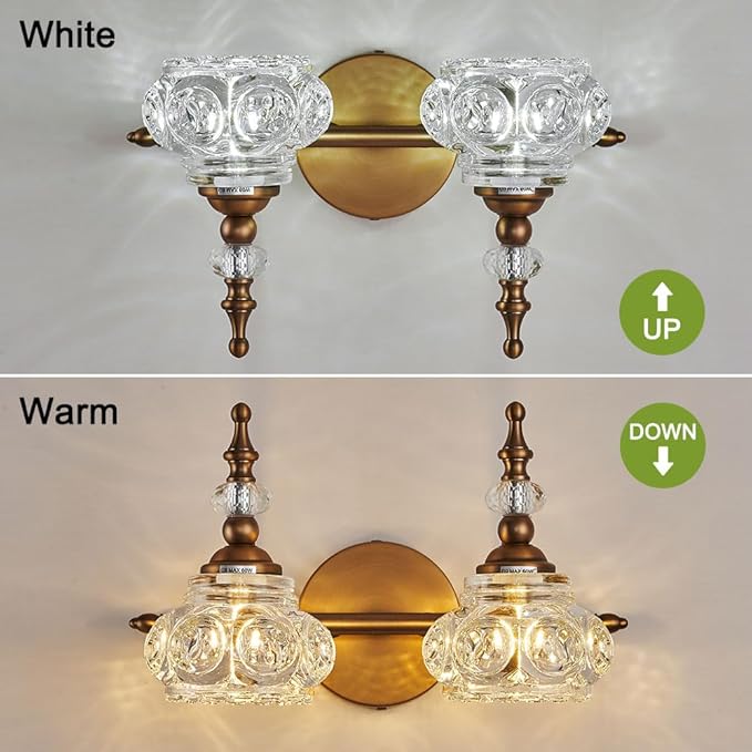 Bathroom Vanity Light Fixtures, 2-Light Vintage Crystal Bathroom Lighting, Matte Brushed Antique Brass Finish, Vintage Wall Sconce Light with Crystal Glass Shade