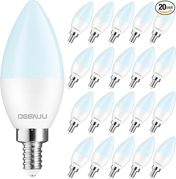 DEGNJU 20 Pack Chandelier Light Bulbs 60 Watt Equivalent, Candelabra LED Light Bulbs, E12 LED Bulb Daylight 5000K, Type b Light Bulb 5.5W, Candelabra Base, 120V, B11 Candle Light Bulb, Non-Dimmable