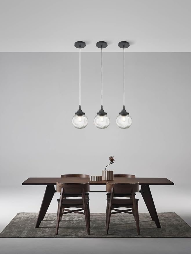 Yosoan 1-Light Vintage Industrial Kitchen Hanging Pendant Light Fixture, Single Hardwired Indoor Vanity Retro Textured Striped Round Glass Shade Small Lamp for Dinning Room Living Room Island(Black)