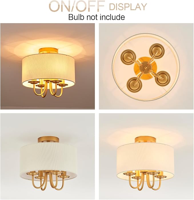 VILUXY Gold Semi-Flush Mount Ceiling Light Fixture with White Fabric Drum Shade Modern Farmhouse Linen 4 Lights Ceiling Lmaps for Bedroom, Dining Room, Corridor, Living Room