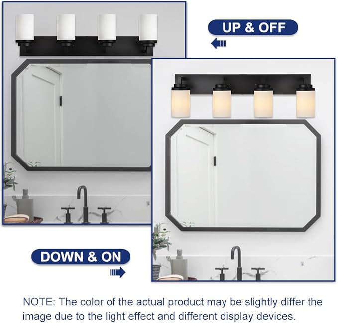 TODOLUZ 4-Lights Bathroom Light Fixtures in Matte Black, Modern Opal White Glass Vanity Light E26 Bulb Base, Wall Mount Lighting for Bedroom Bath Living Room