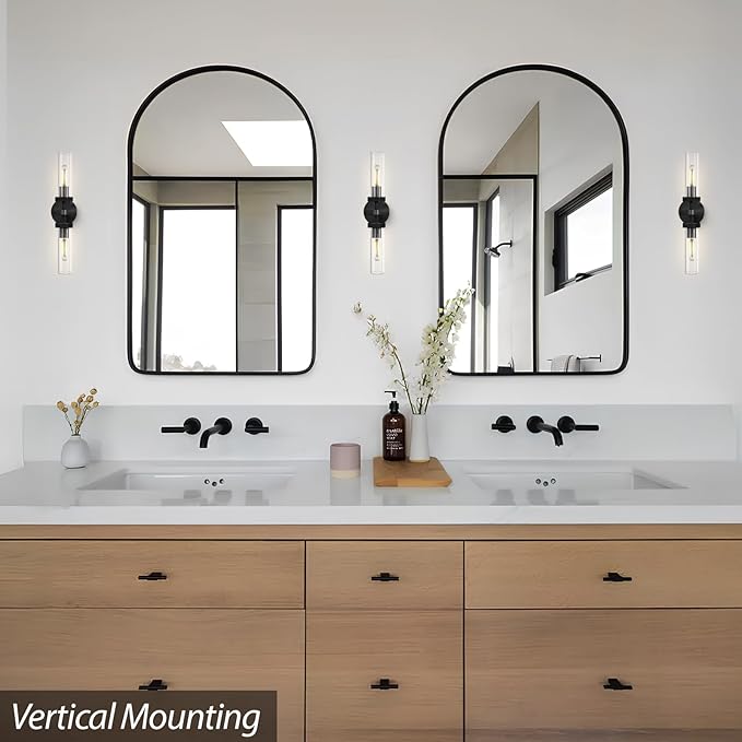 Black Bathroom Vanity Wall Sconces 2-Light Glass Tube Wall Sconce 21in Horizontal or Vertical Linear Wall Sconces Black Vanity Light Indoor Wall Sconce E26 Bulb Included