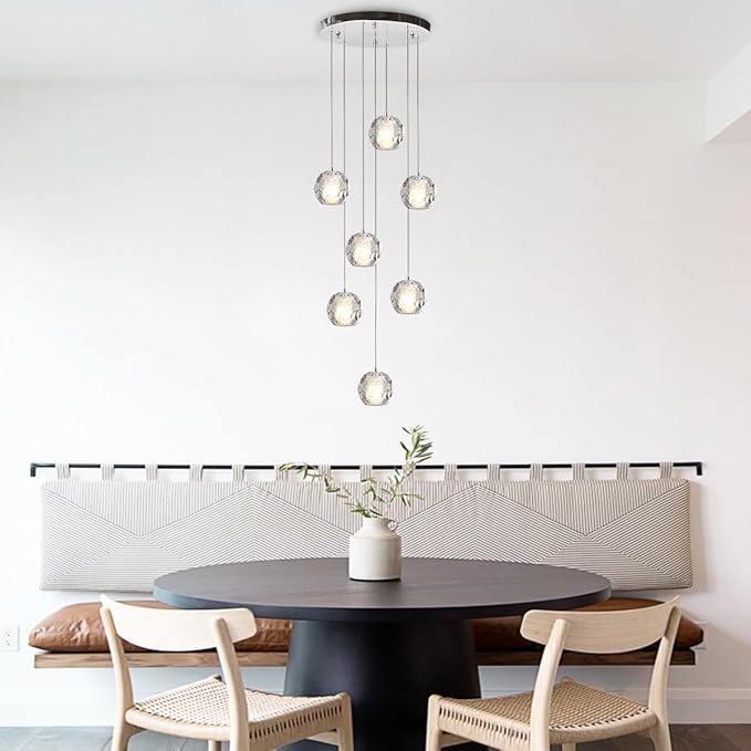 Cluster Pendant Light, Modern 7 Lights Chrome Crystal Chandelier, Bubble Raindrop Pendant Lighting 59" Long Light Fixture for Foyer Entryway Staircase