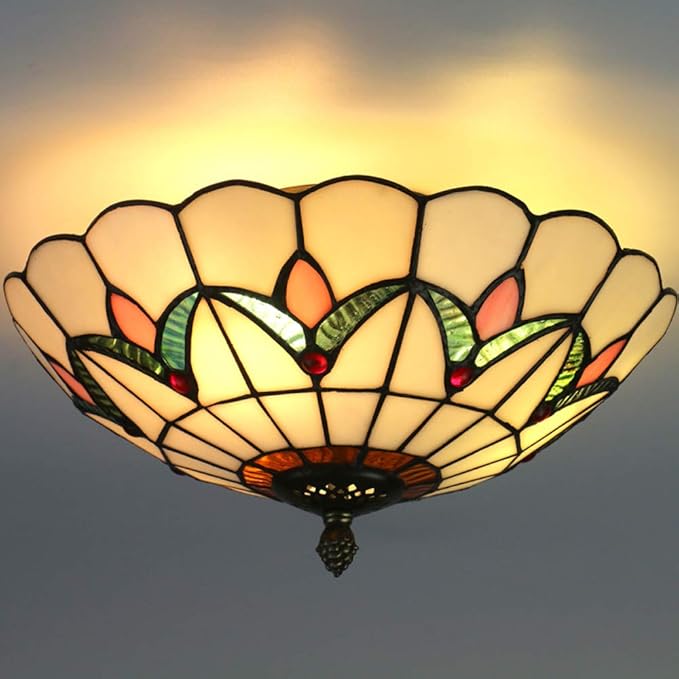 Tiffany Style Ceiling Light Vintage Stained Glass Flush Mount Ceiling Lighting Fixtures Lamps (12 Inch W)