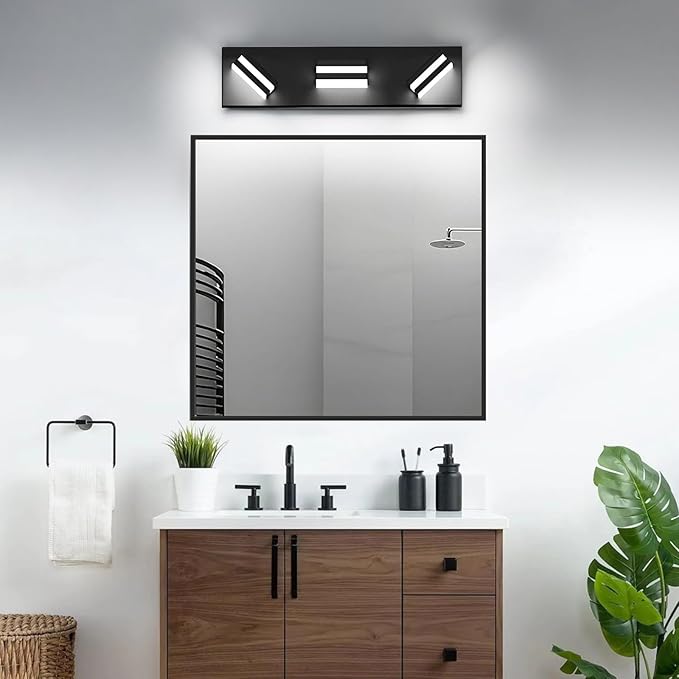 IZORRO LED Modern Bathroom Lights Fixtures(3-Light,Dimmable,360°Rotate),Matte Black Acrylic Wall Lighting,Vanity Lights for Bathroom Over Mirror - 6000k 16In （No Assembly Required）