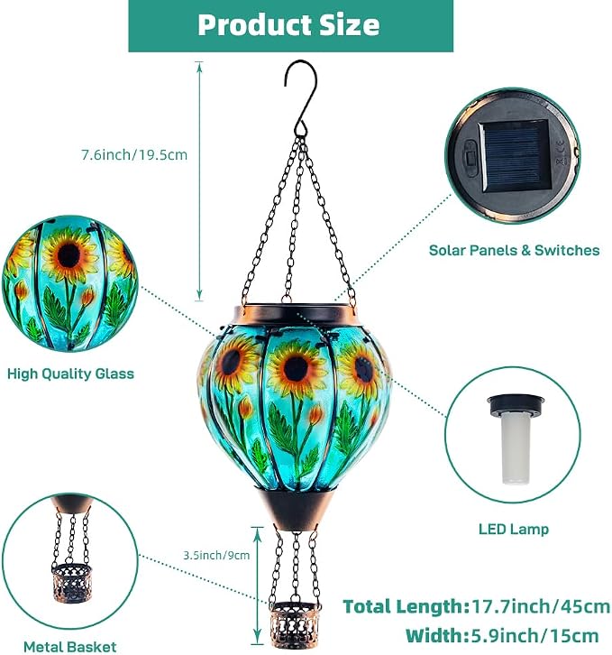 Starsoul Sunflower Hot Air Balloon Solar Lantern Glass Outdoor Hot Air Balloon Solar Flickering Flame Light Hanging Solar Lanterns Outdoor Waterproof Garden Patio Yard Party Decor