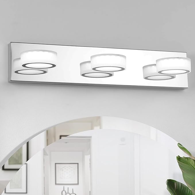 3 Light Bathroom Vanity Light, Modern Chrome Bathroom Light Fixtures Over Mirror, Bath Lamps Wall Scone 18W LED Vanity Lights with 360°Rotating Lamp Head