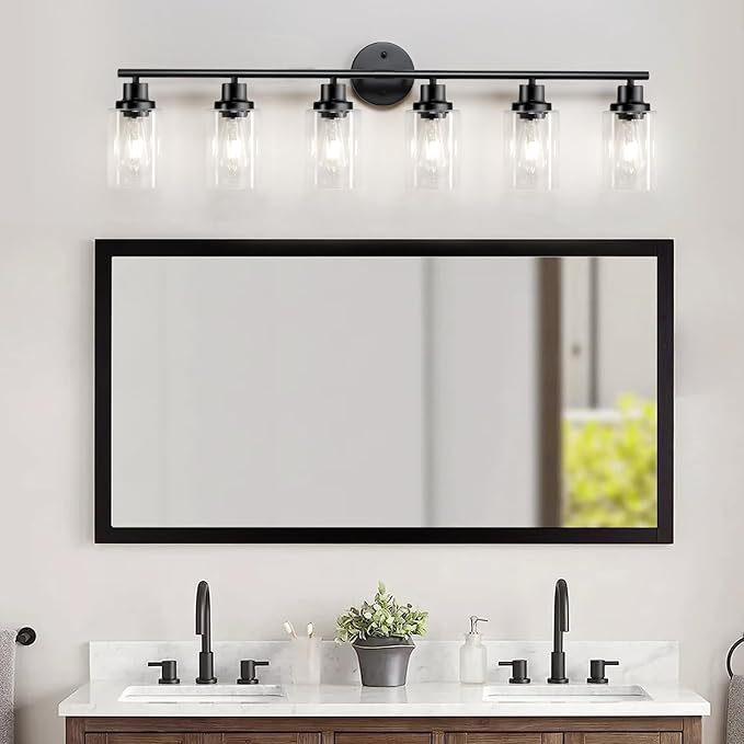 6-Light E26 Black Bathroom Vanity Lights, Modern Bathroom Light Fixtures with Clear Glass Shade, Wall Lamps for Mirror Hallway Kitchen Cabinet Living Room Sconces Lights
