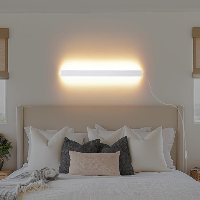 KELUOLY Modern Plug in Wall Sconces, 23.6 inch Frosted White LED Long Wall Lights, 12W Warm White 3000K Acrylic Indoor Wall lamp,with 59" Plug Cable for Bedroom, Living Room, Bathroom Makeup, Hallway