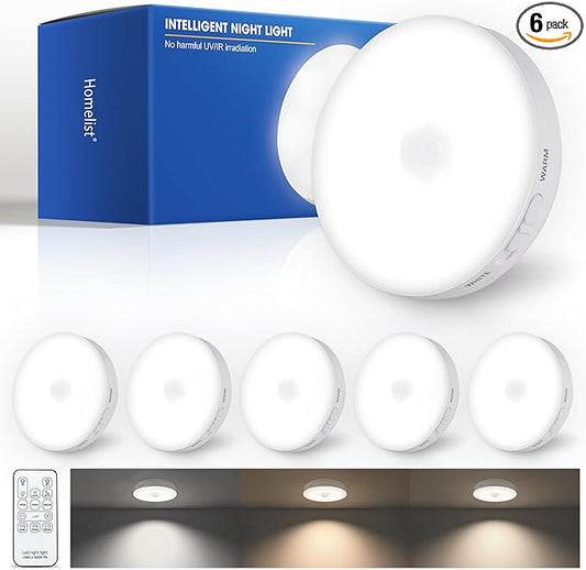 Homelist Upgraded Ultra Bright Motion Sensor Lights Indoor, 6 Pack Rechargeable Puck Light with Remote, 1500mAh Battery Operated Sensor Night Light for Stairs, Cabinet, Bedside, Closet