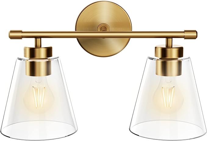 Hamilyeah Bathroom Vanity Light Fixtures Over Mirror, 2 Light Wall Light Fixture with Clear Glass Shade, Gold Sconces Wall Lighting for Bathroom, Kitchen, Living Room