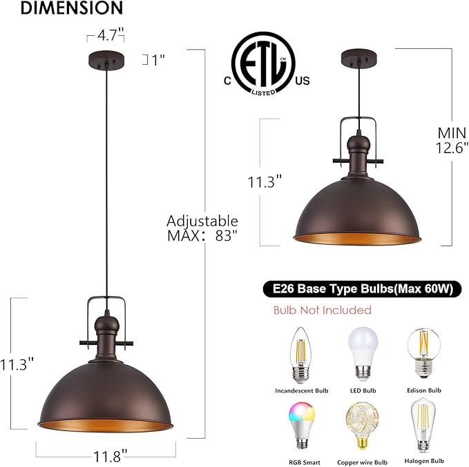 12 Inch Oil Rubbed Bronze Farmhouse Pendant Lights Large Pendant Lights for Kitchen Island Industrial Adjustable Height Vintage Big Dome Hanging Light Fixtures for Barn, Dining Room 3 Packs