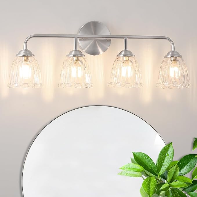 Daunton Vintage 4-Light Brushed Nickel Bathroom Light Fixtures, Elegant Bathroom Vanity Lights Over Mirror, Vanity Lighting with Clear Shade, Art Deco Wall Sconce Lighting for Bedroom