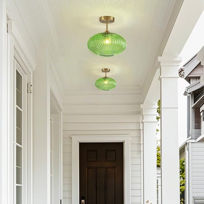 BOKT Modern Ceiling Light Green Glass Pendant Light Stairway Mid Century Close to Ceiling Light Gold Semi Flush Mount Ceilings Light Fixture for Island Kitchen Dining Room Hallway 9.8"