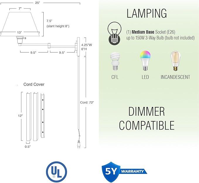 Kira Home Cambridge 15" Modern Swing Arm Wall Sconce with Opaque Empire Paper Shade, 2-in-1 Plug in or Hardwired Wall Lamp with 3-Way Switch, Black Finish