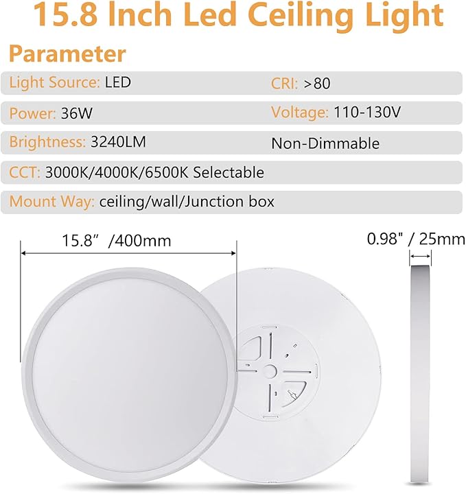 6PK 15.8 Inch Led Ceiling Light Flush Mount, 34W, 3060LM, 3000K/4000K/6000K CCT Selectable Super Slim LED Ceiling Light, Close to Ceiling Round Flat Panel Light for Hallway, Bedroom,Kitchen ect