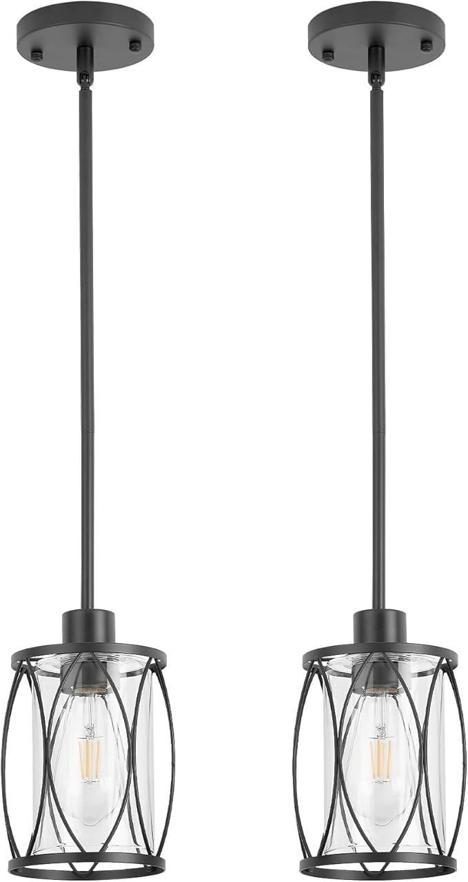 Glass Pendant Lights Kitchen Island Black Pendant Light Fixtures Adjustable Modern Mini Hanging Light with Clear Glass for Sink Dining Room Foyer Entryway Bar, 2 Pack