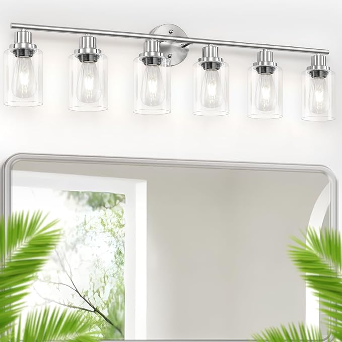 6-Light Nickel Bathroom Vanity Lights, E26 Modern Bathroom Light Fixtures with Clear Glass Shade, Wall Lamps for Mirror Hallway Kitchen Cabinet Living Room Sconces Lights