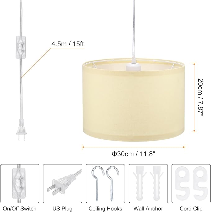 PATIKIL Plug in Pendant Light, 2 Pack 15Ft Rope Cord Hanging Lamp Fixture with ON/Off Switch, Linen Fabric Shade E26/E27 Bulb Socket for Bedroom Kitchen Living Room, Beige Yellow